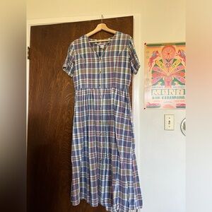 Vintage plaid midi dress with white stitching